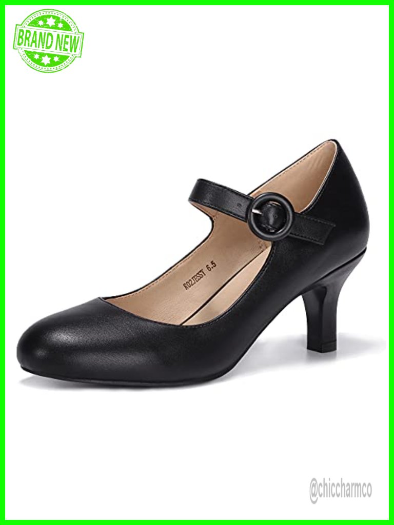 Mary Jane Pumps With Kitten Heel, Closed Round Toe, Adjustable Ankle Strap